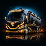 A gold and black luxury RV on a dark background