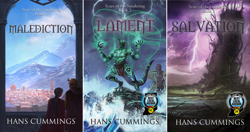 Scars of the Sundering cover art: Malediction, Lament, Salvation. Artwork by Lily Yang.