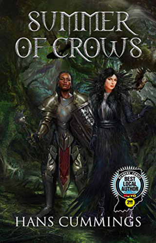 Summer of Crows Cover. An armored knight, Lady Aveline, and a sorceress, Tasha, standing in front of a creepy, ancient forest. Art by Nicoleta Stavarache.